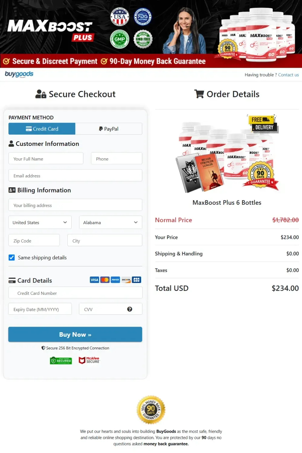 Buy Now button for MaxBoost official website showing secure checkout and instant access page